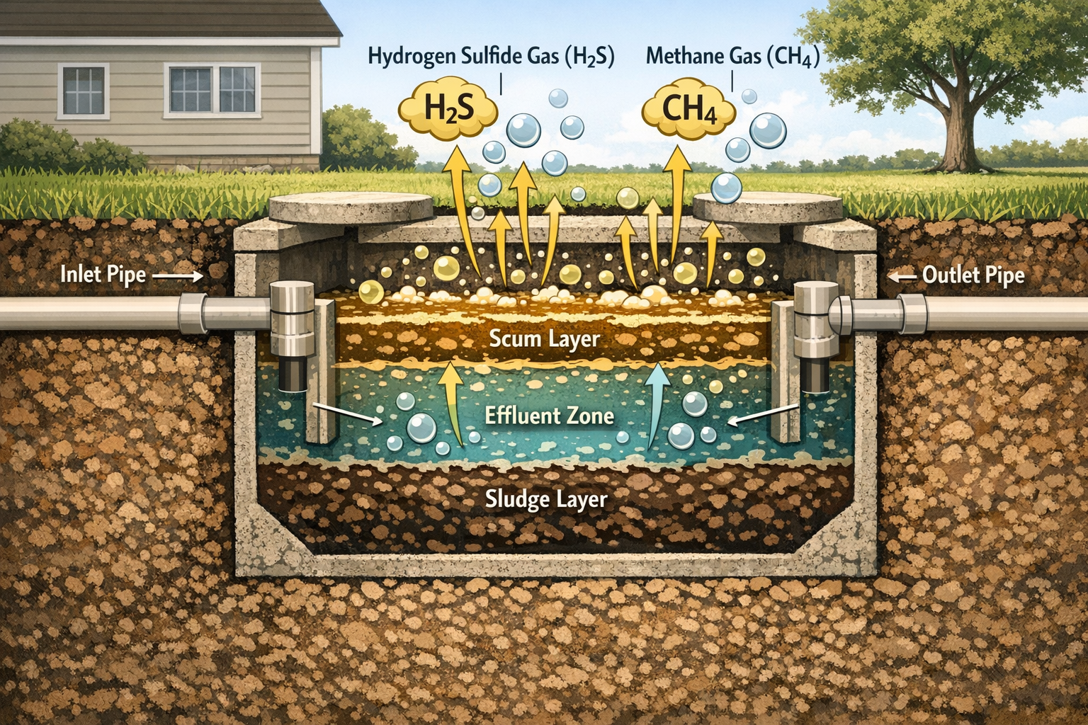 Detailed landscape format (1536x1024) image showing cross-section diagram of septic tank system with labeled components: inlet pipe, outlet 