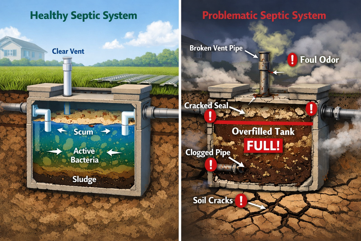 Landscape format (1536x1024) split-screen comparison image showing 'healthy vs problematic' septic systems side by side. Left side displays 
