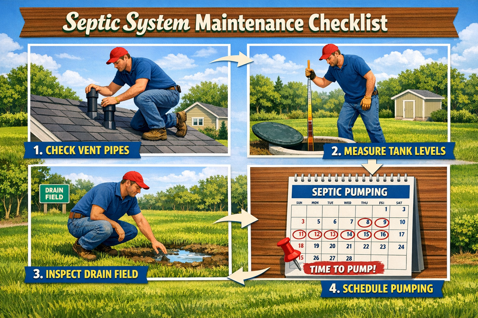 Landscape format (1536x1024) maintenance checklist infographic featuring homeowner performing septic system inspection tasks. Visual element