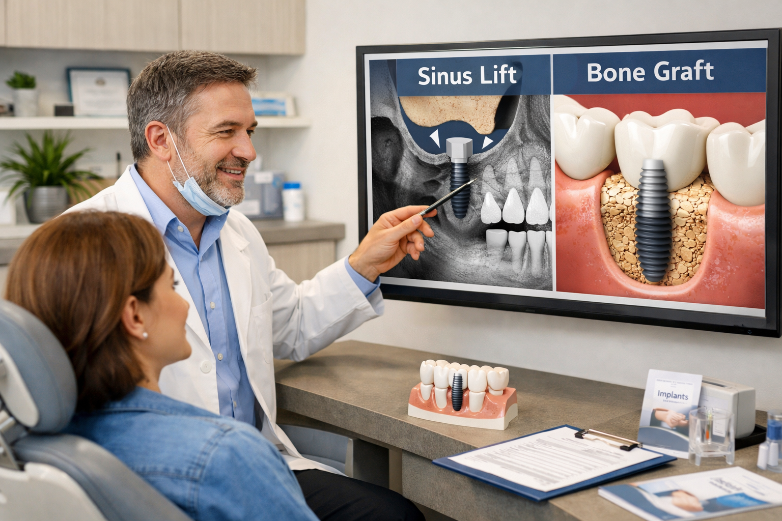 An illustrative image in () depicting a patient consulting with a dentist in a modern, welcoming clinic setting. The dentist