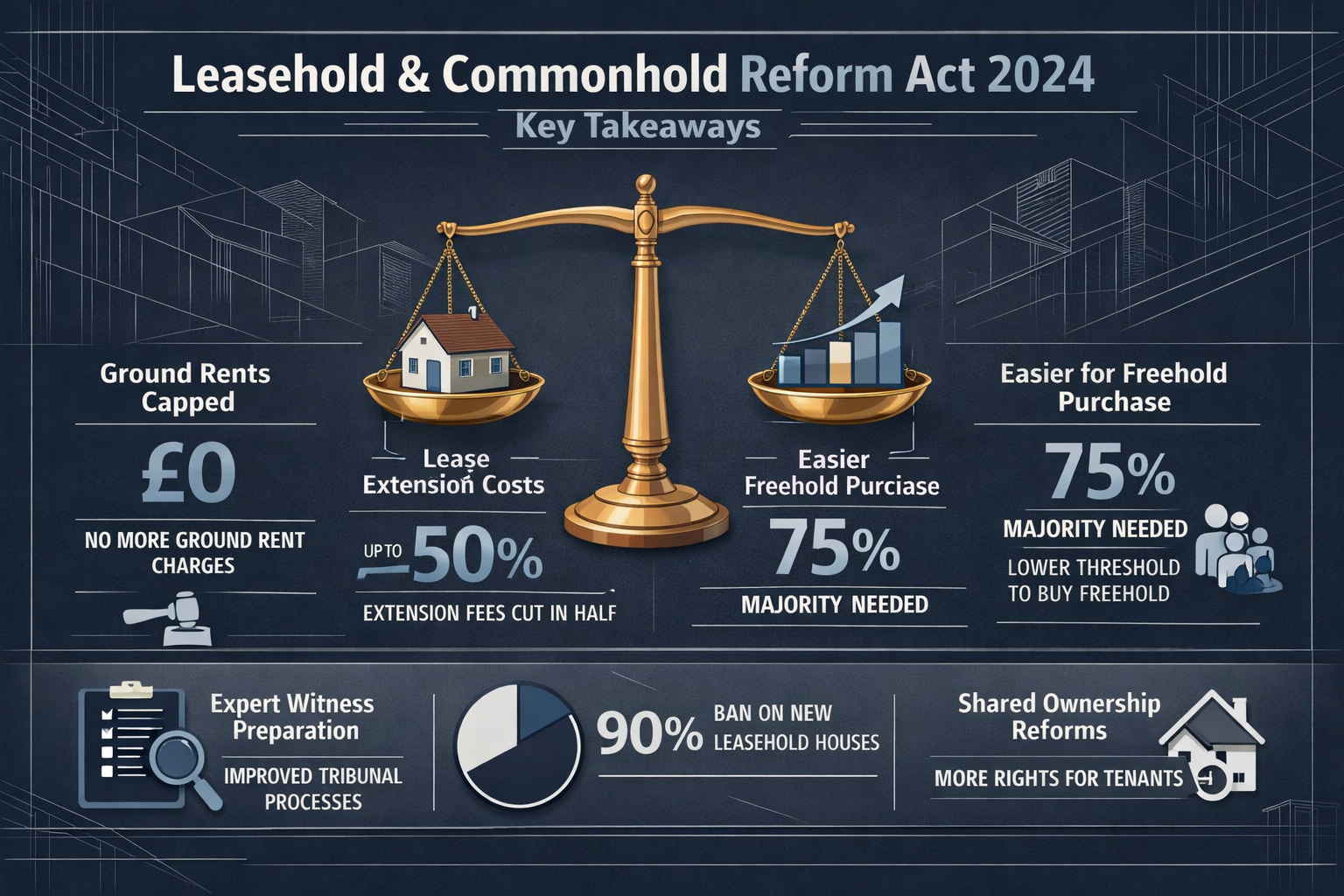 Professional legal document infographic visualizing 'Key Takeaways' for Leasehold and Commonhold Reform Act 2024, featuring