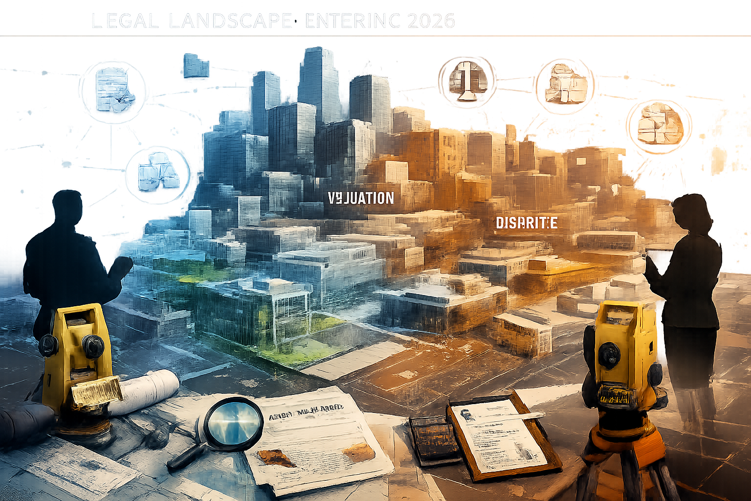 Architectural visualization of complex legal property landscape for 'Legal Landscape Entering 2026', featuring isometric