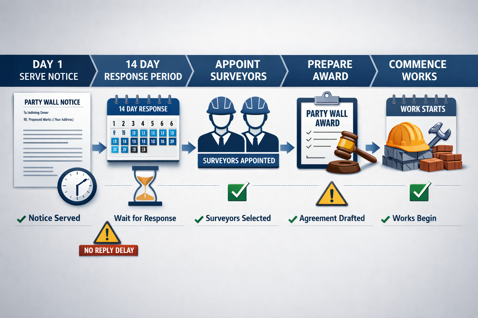 Detailed () image depicting timeline infographic showing party wall notice process from start to finish, with calendar icons