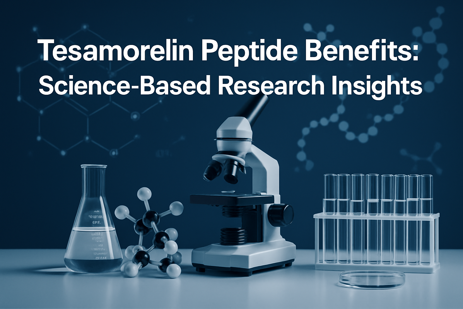 Professional landscape hero image (1536x1024) featuring bold text overlay 'Tesamorelin Peptide Benefits: Science-Based Research Insights' in