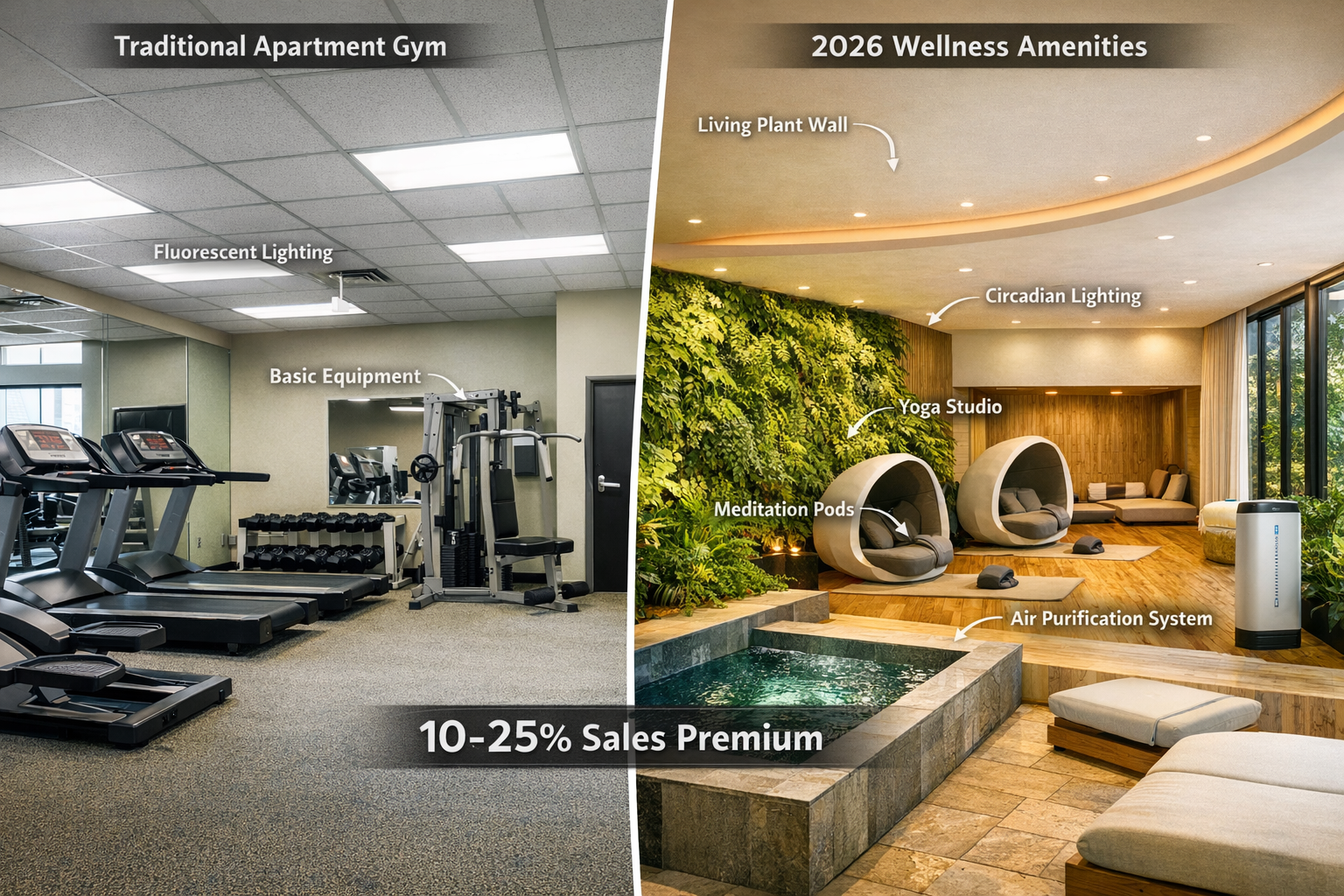 Landscape format (1536x1024) editorial image showing split-screen comparison of traditional residential amenities versus modern wellness-int