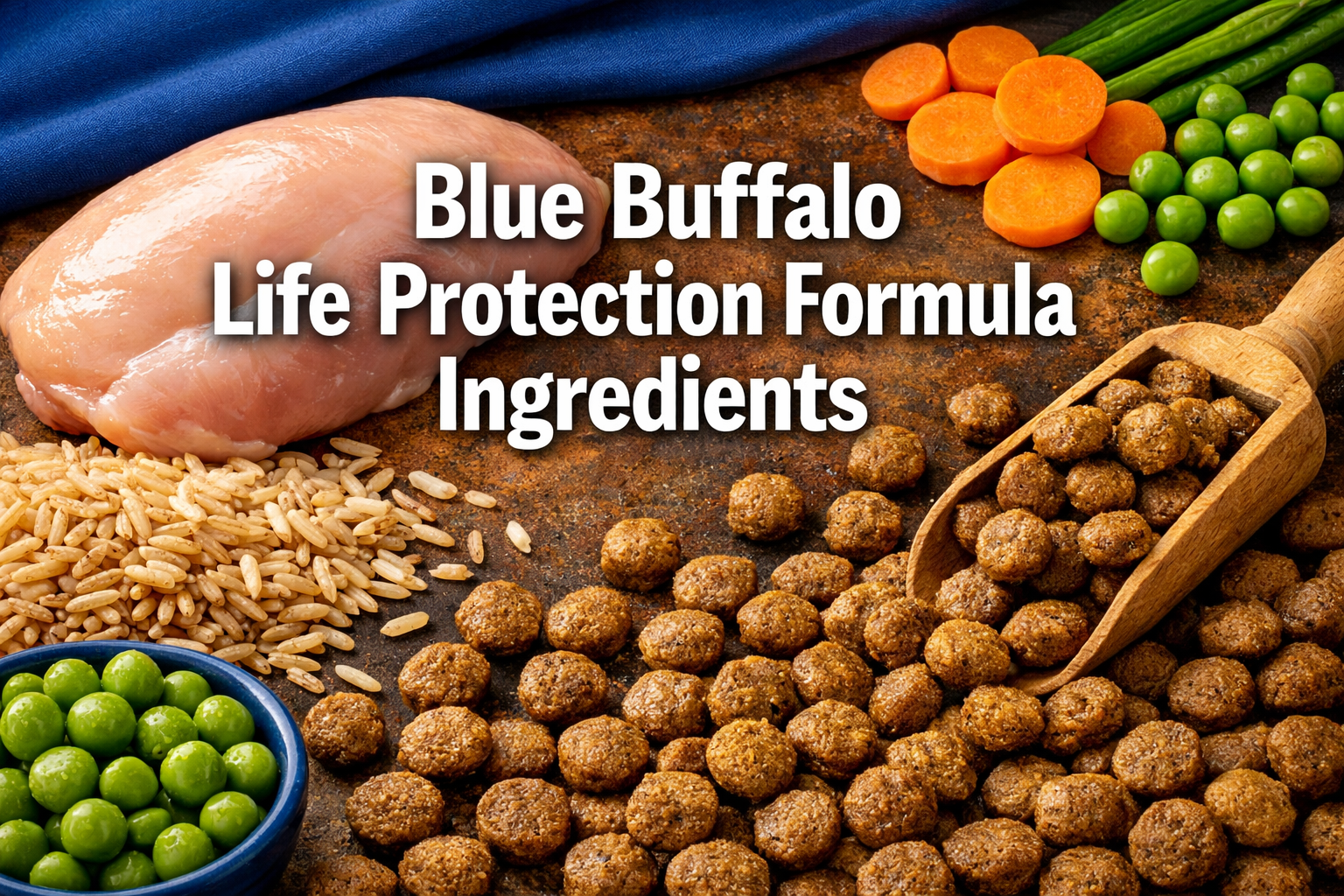Professional landscape format (1536x1024) hero image featuring bold text overlay 'Blue Buffalo Life Protection Formula Ingredients' in extra