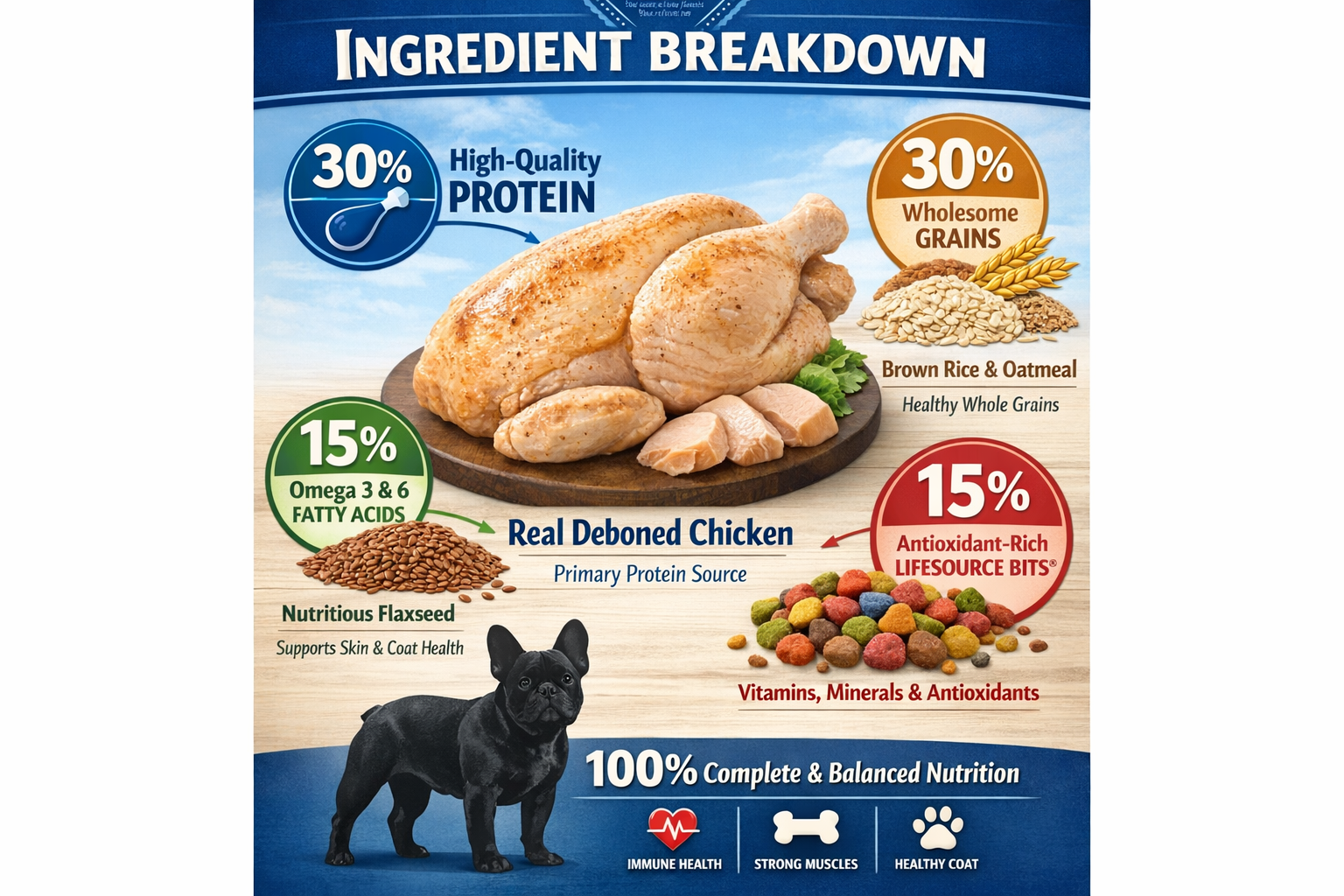 Portrait format (1024x1536) detailed infographic showing Blue Buffalo Life Protection Formula ingredient breakdown with deboned chicken as p