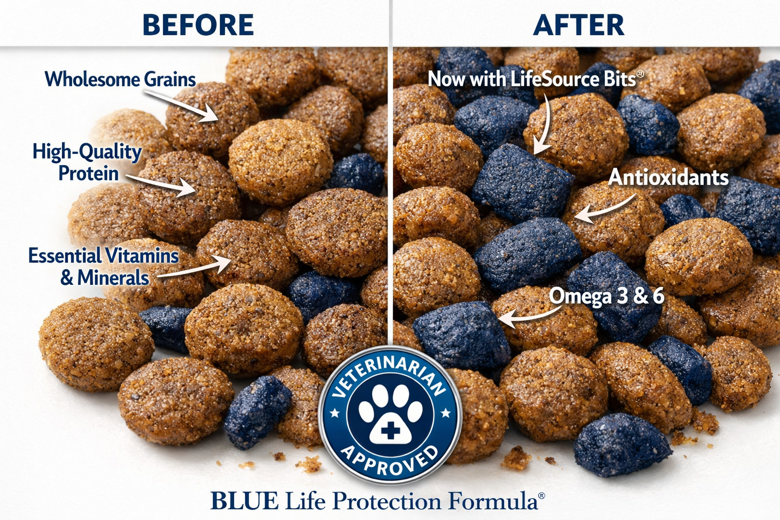 Portrait format (1024x1536) close-up macro photography of Blue Buffalo Life Protection Formula kibble showing texture and LifeSource Bits in