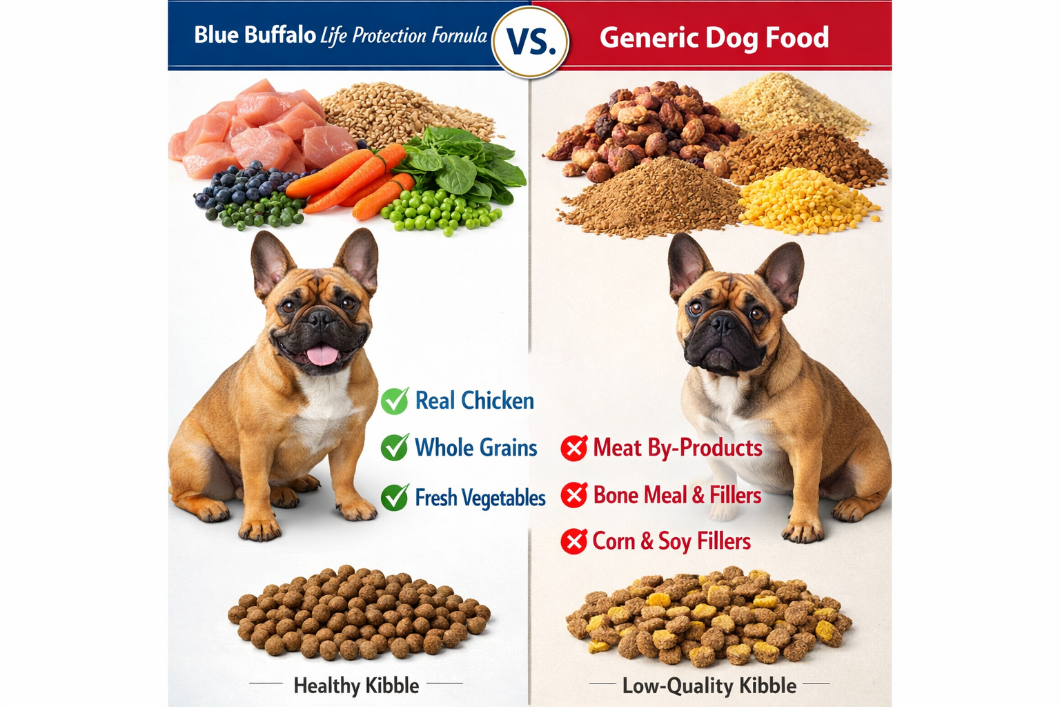 Portrait format (1024x1536) comparison chart showing Blue Buffalo Life Protection Formula versus generic dog food ingredients. Side-by-side