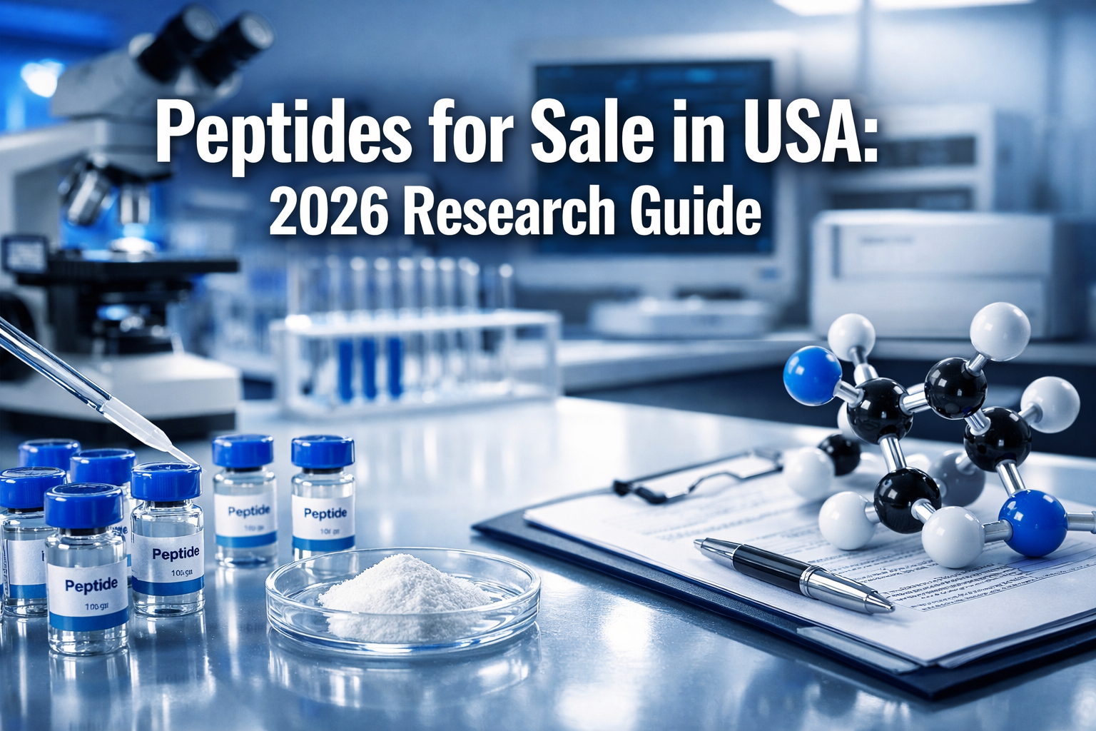 Professional landscape hero image (1536x1024) featuring bold text overlay 'Peptides for Sale in USA: 2026 Research Guide' in extra large 72p