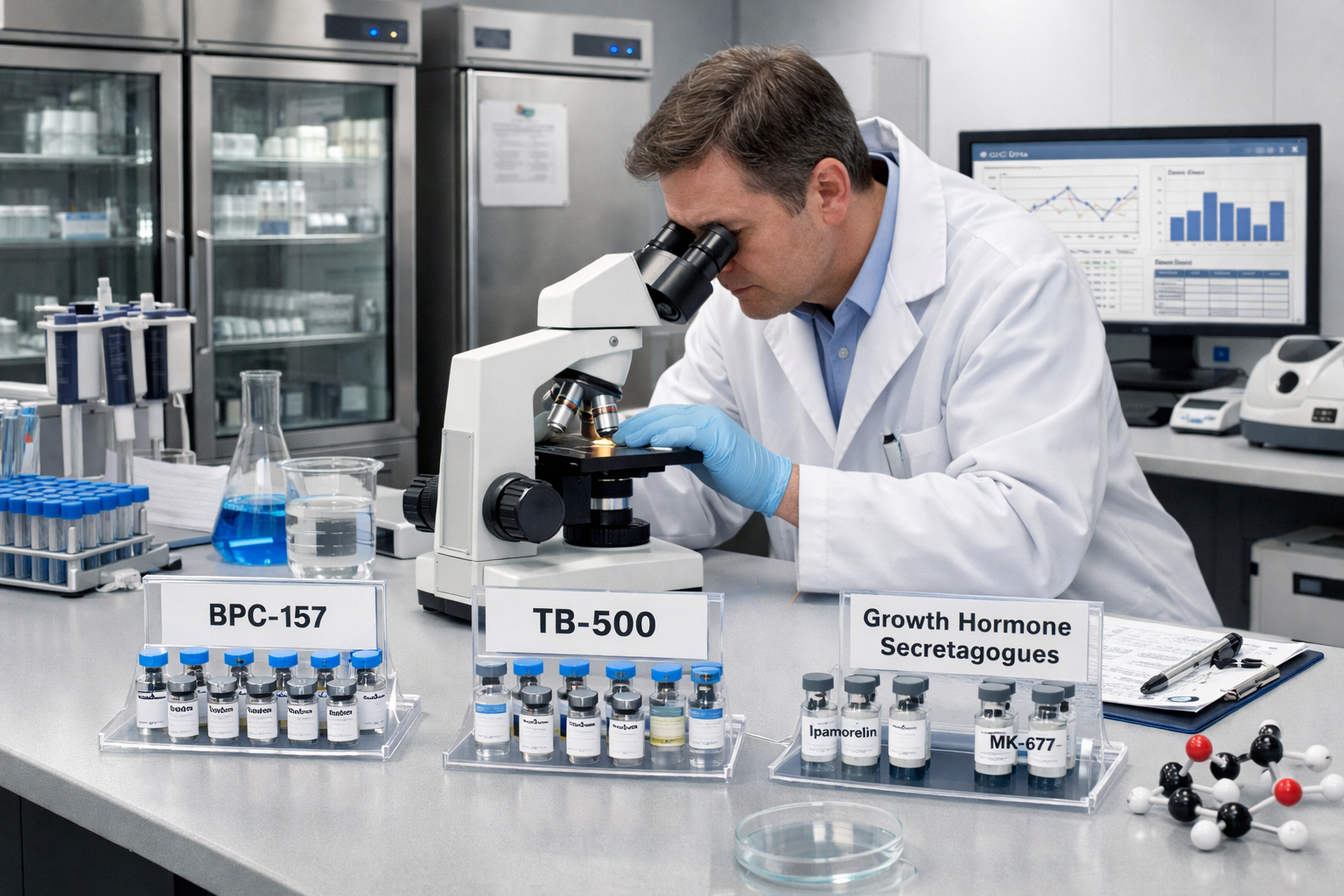 Professional laboratory scene (1536x1024) featuring scientist in white coat examining peptide vials under microscope, various research pepti
