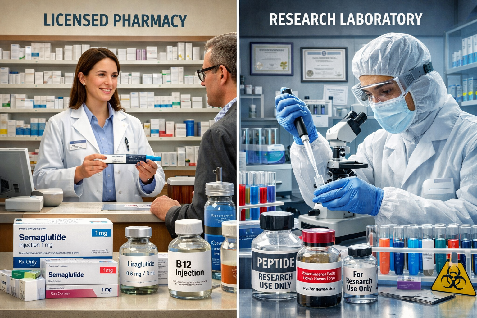 Landscape composition (1536x1024) showing split-screen comparison of legitimate prescription pharmacy on left with proper medical supervisio