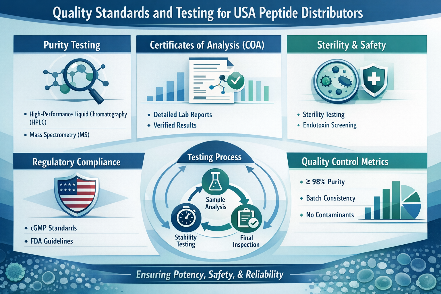 Professional landscape infographic (1536x1024) for article "The Ultimate Guide to Peptides for Sale in USA: Research, Regulations, and Quali