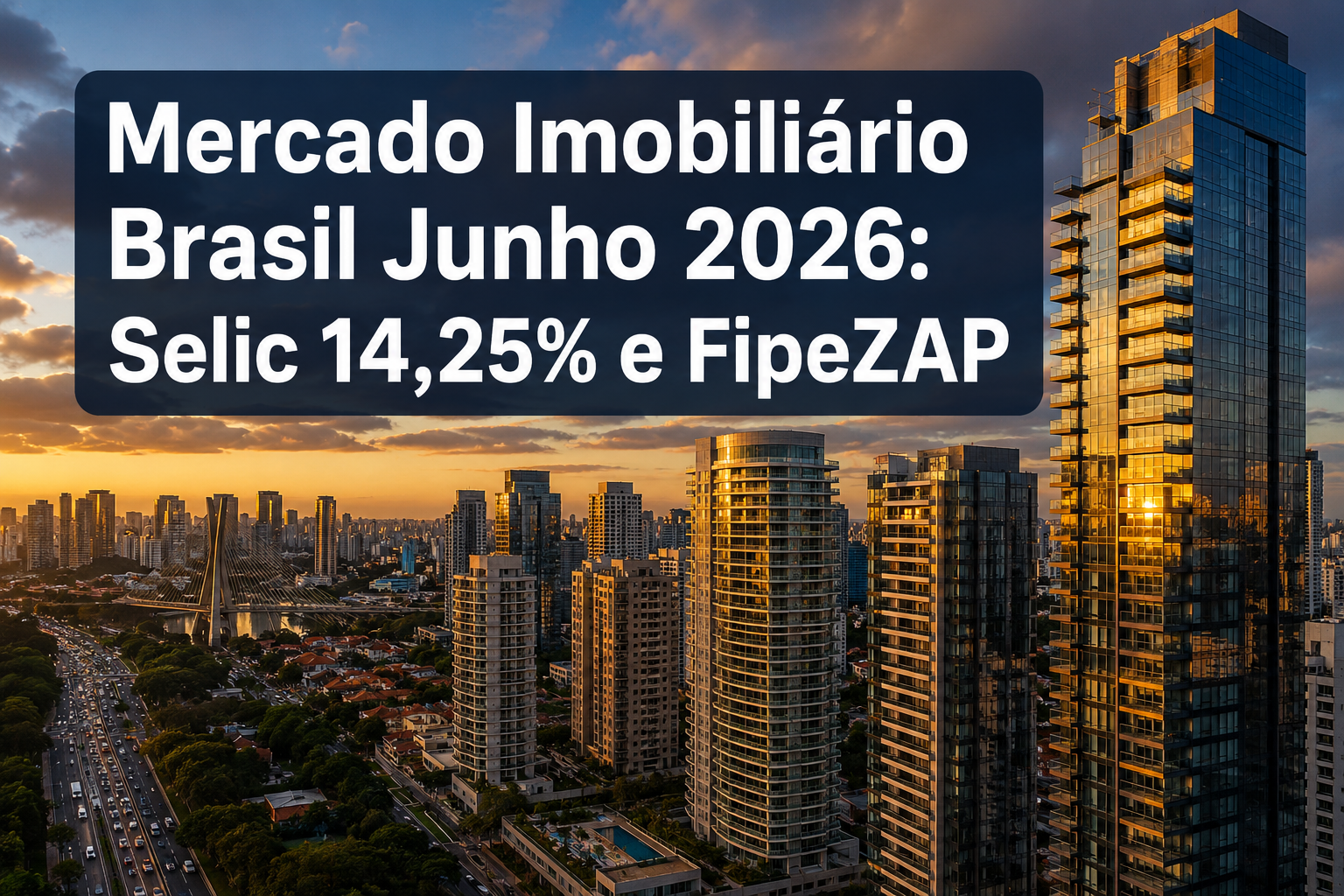 Professional () hero image with 'Mercado Imobiliário Brasil Junho 2026: Selic 14,25% e FipeZAP' in extra large white with