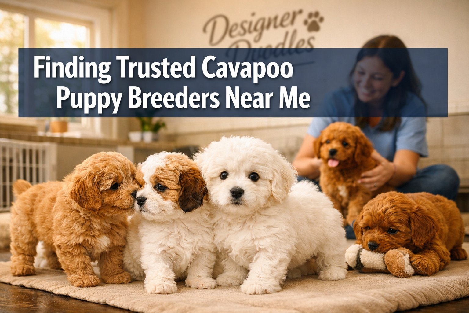 Professional landscape hero image (1536x1024) featuring bold text overlay 'Finding Trusted Cavapoo Puppy Breeders Near Me' in extra large 72