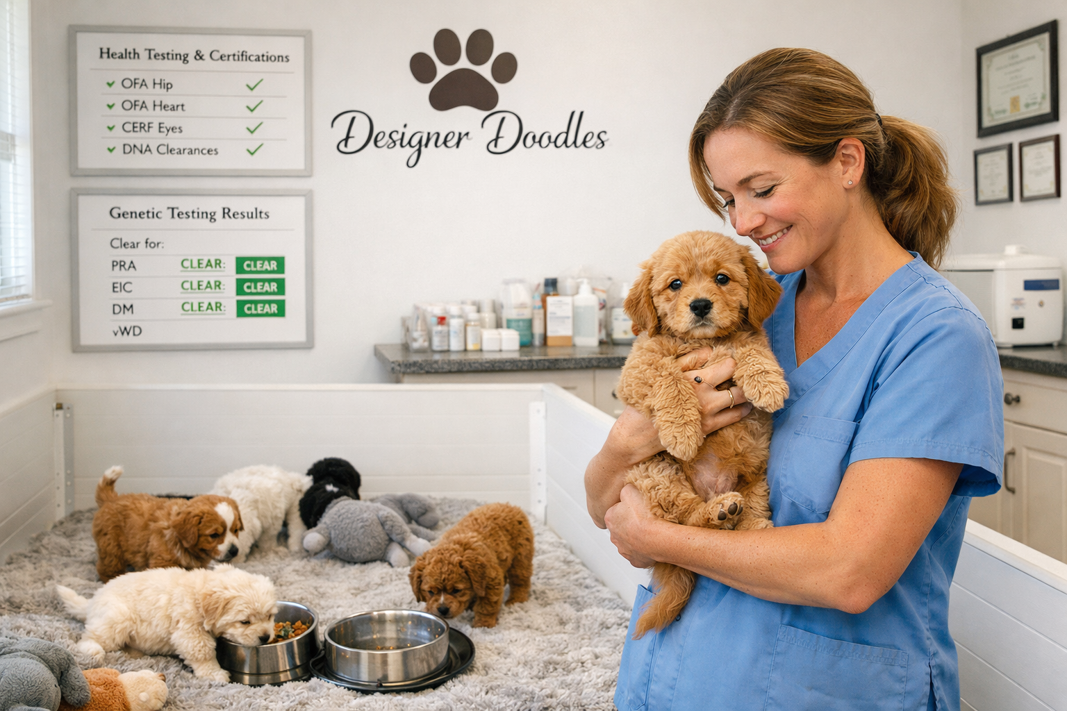Detailed landscape image (1536x1024) showing professional Cavapoo breeder facility tour scene with clean, spacious whelping room featuring t