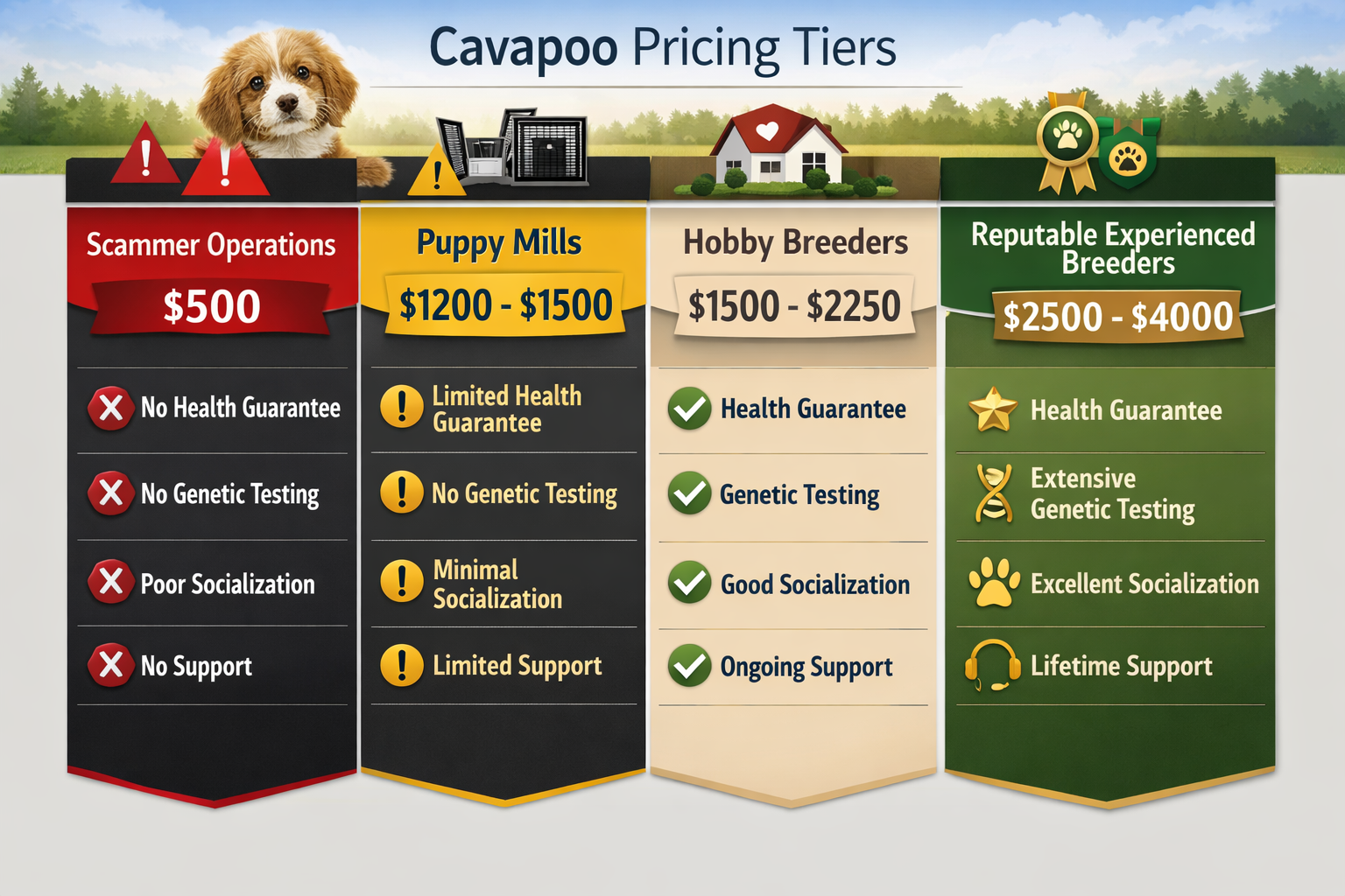 Landscape infographic-style image (1536x1024) displaying visual comparison chart of Cavapoo pricing tiers with four distinct columns: 'Scamm