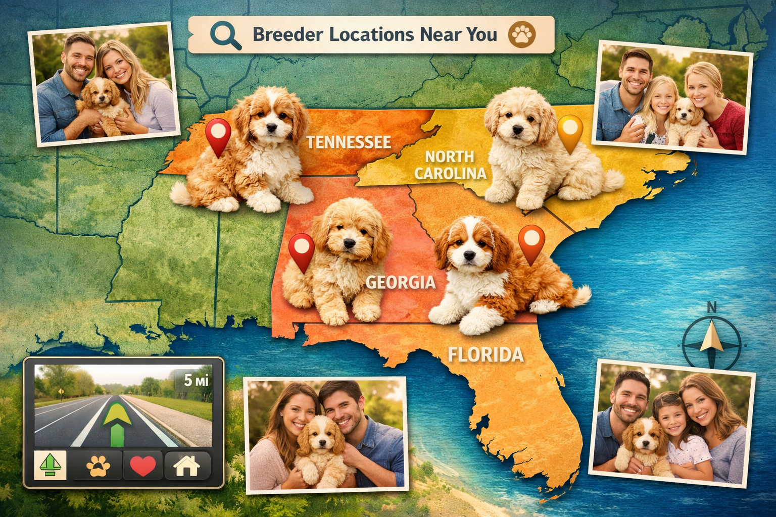 Landscape photograph (1536x1024) showing map of southeastern United States with Florida, Georgia, North Carolina, and Tennessee highlighted 