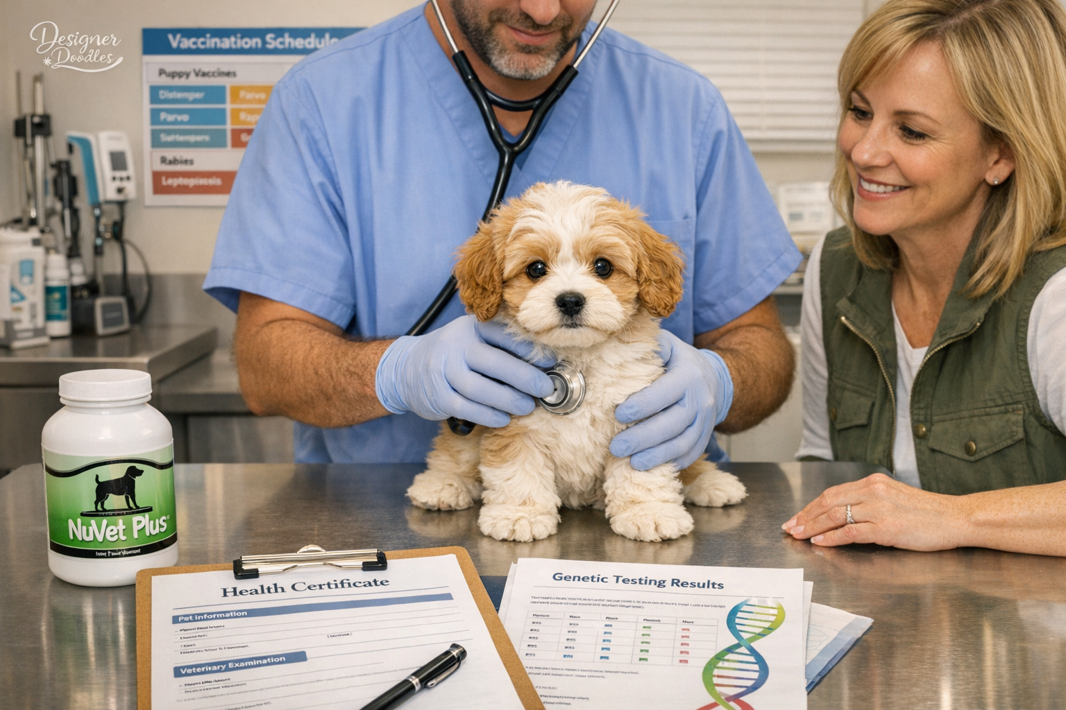 Landscape image (1536x1024) depicting comprehensive Cavapoo puppy health and care scene showing veterinary examination table with adorable C