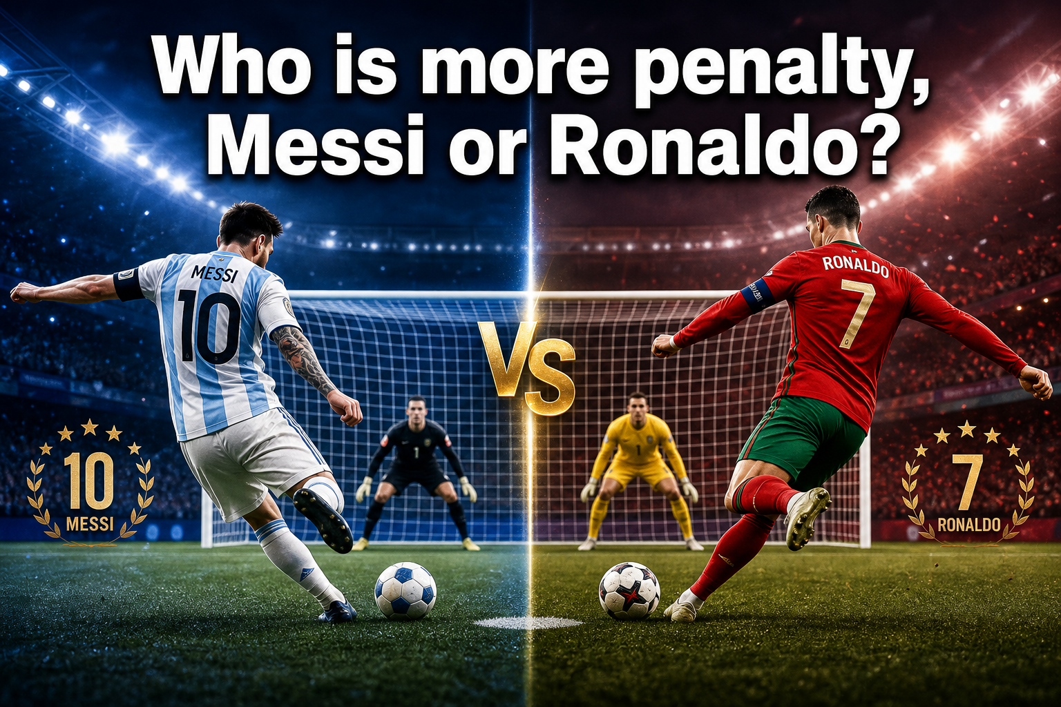 Professional () hero image featuring 'Who is more penalty, Messi or Ronaldo?' in extra large white with dark , centered in