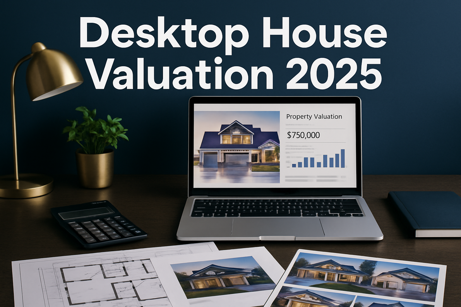 Professional landscape hero image (1536x1024) featuring bold text overlay 'Desktop House Valuation 2025' in extra large 72pt white sans-seri