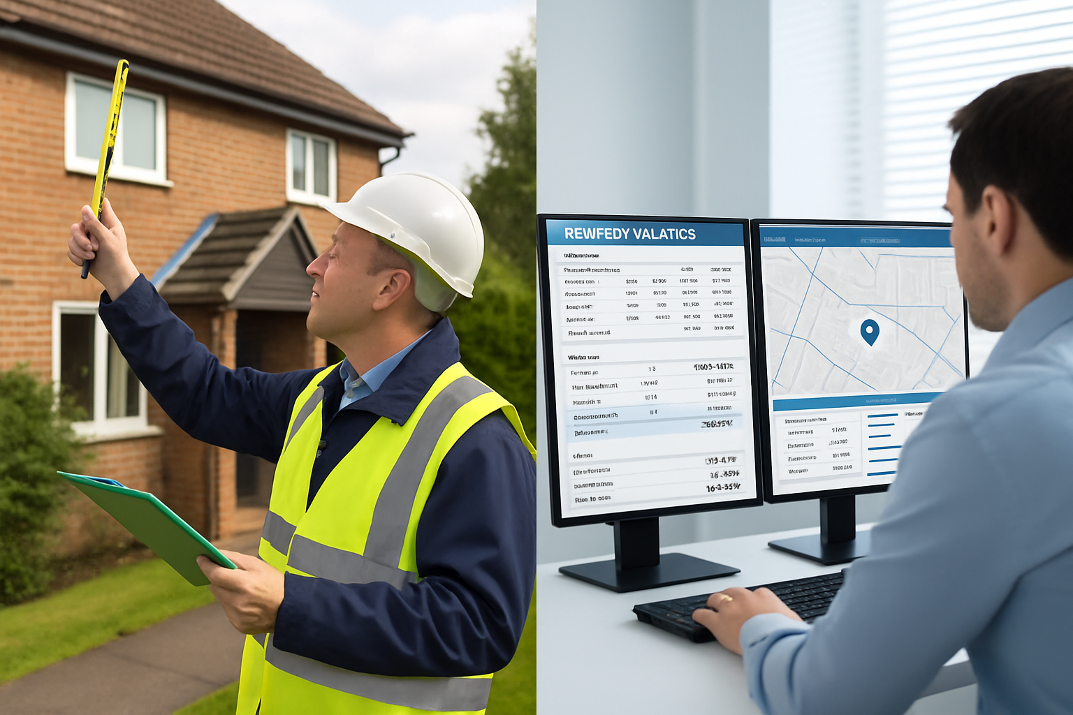 Detailed landscape image (1536x1024) showing split-screen comparison of traditional property surveyor with clipboard outside house versus mo