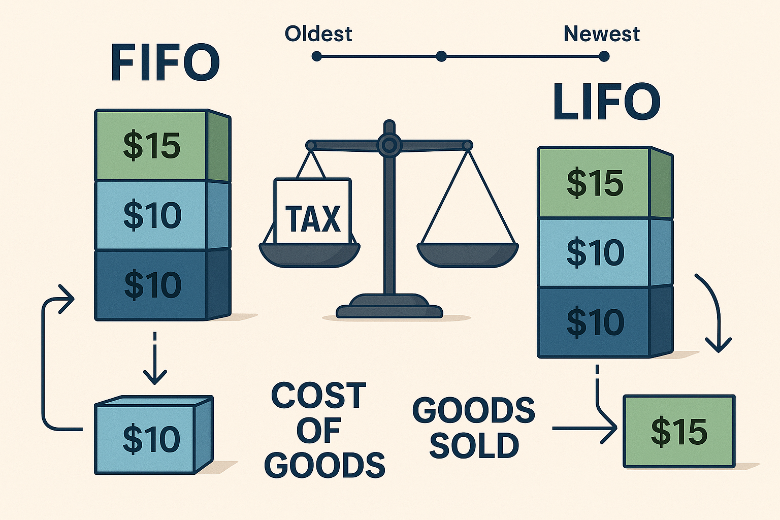 Detailed infographic illustration (1536x1024) showing side-by-side comparison of FIFO and LIFO inventory flow methods. Left side displays FI