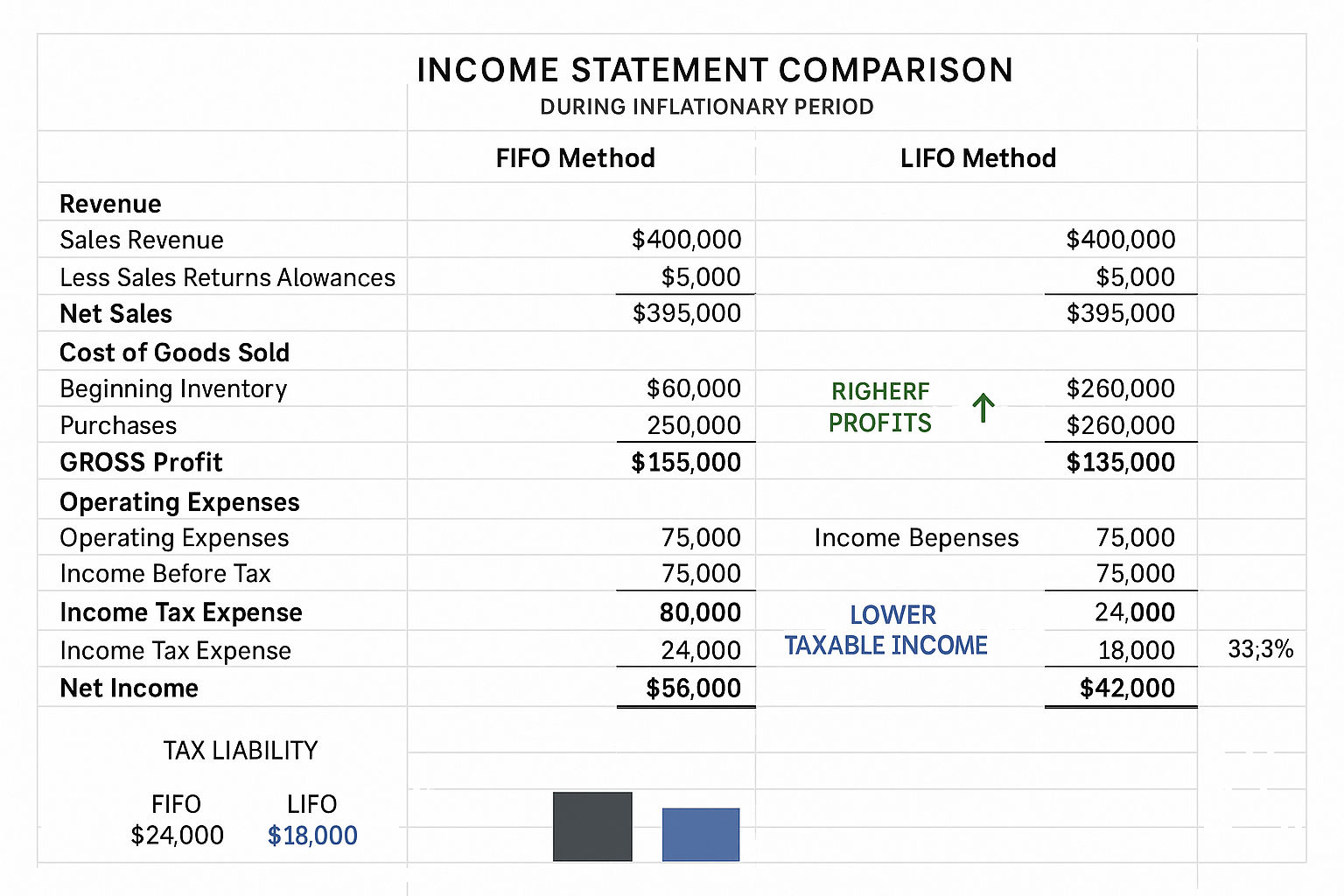 Comprehensive financial statement comparison chart (1536x1024) displaying two side-by-side income statements labeled 'FIFO Method' and 'LIFO