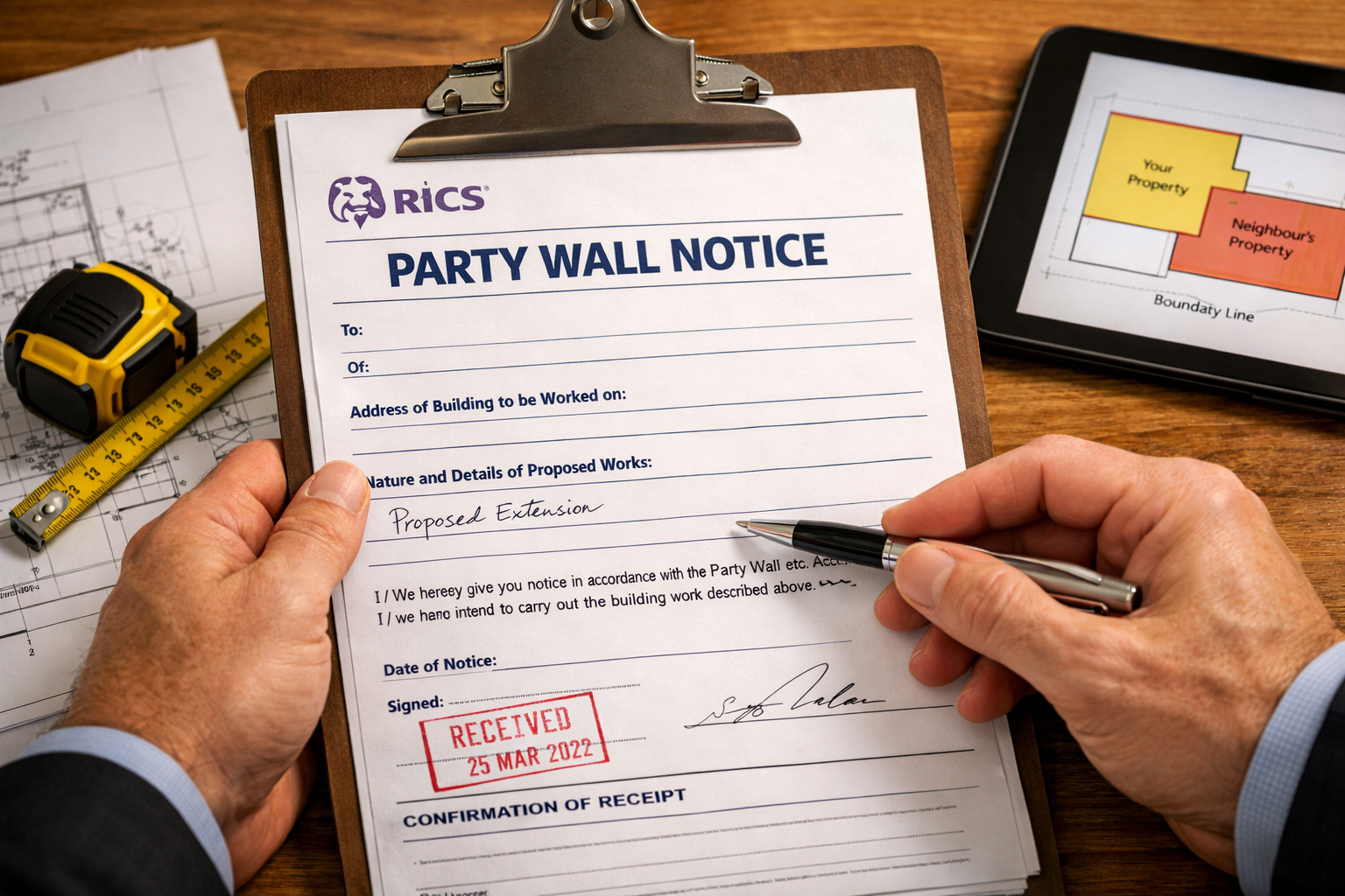 Detailed () image showing close-up of official Party Wall Notice document on clipboard with RICS letterhead visible,