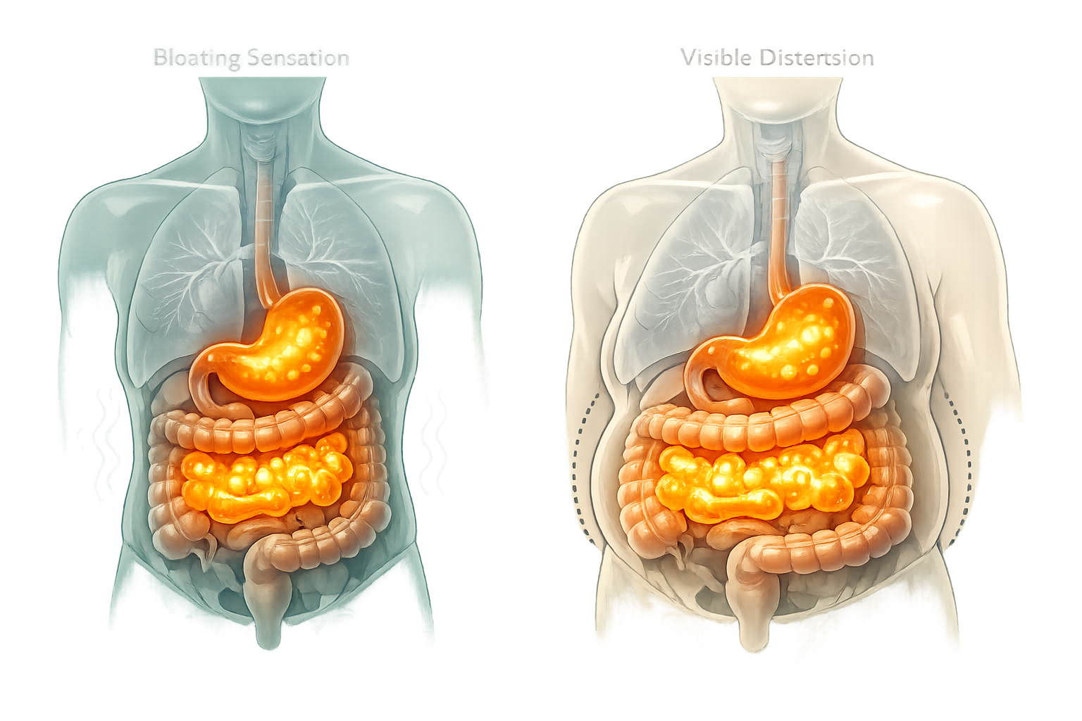 Detailed () anatomical-style illustration showing a transparent silhouette of a human torso with the digestive tract
