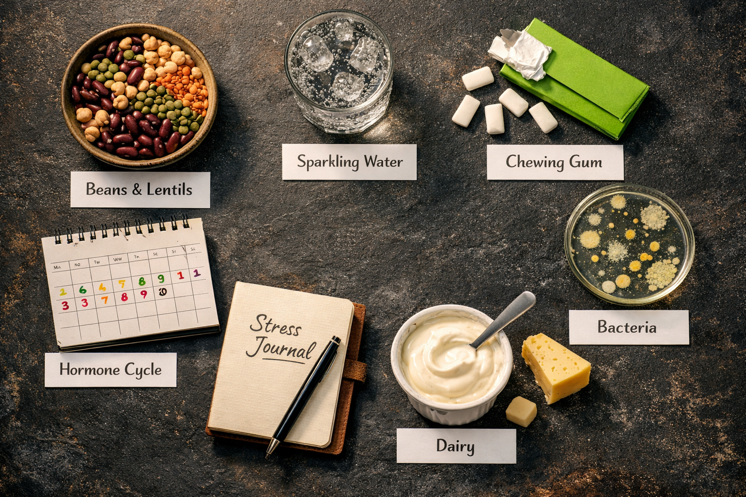 Detailed () overhead flat-lay composition on a dark slate surface showing seven distinct food and lifestyle trigger groups