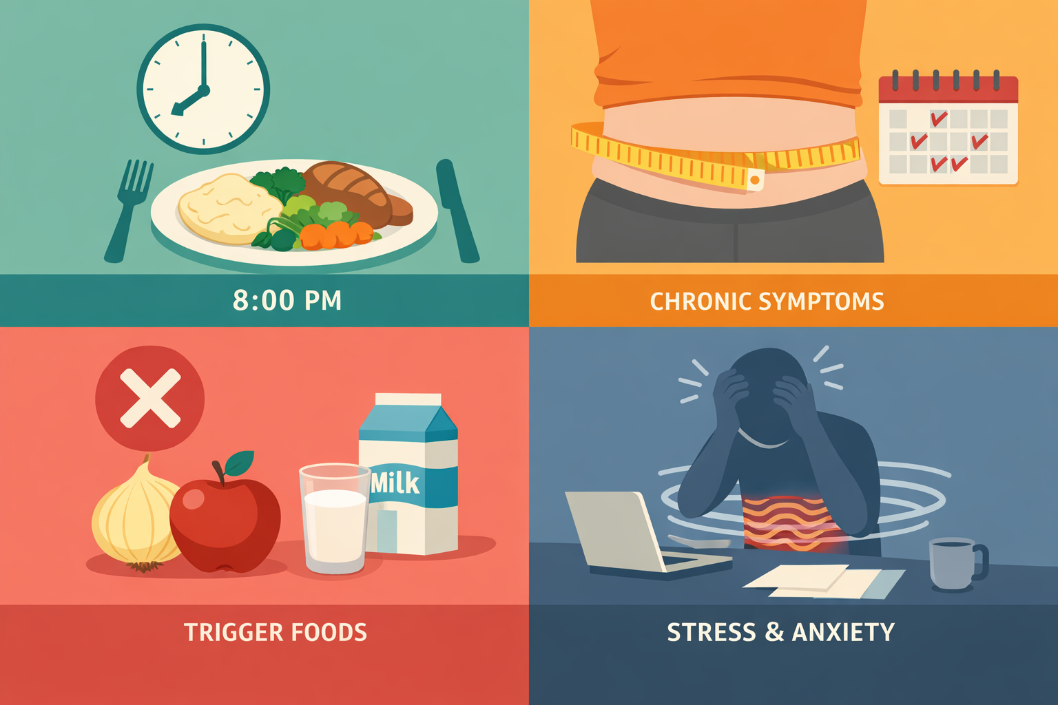 Detailed () split-screen concept image divided into four clean quadrants on a light grey background, each representing one