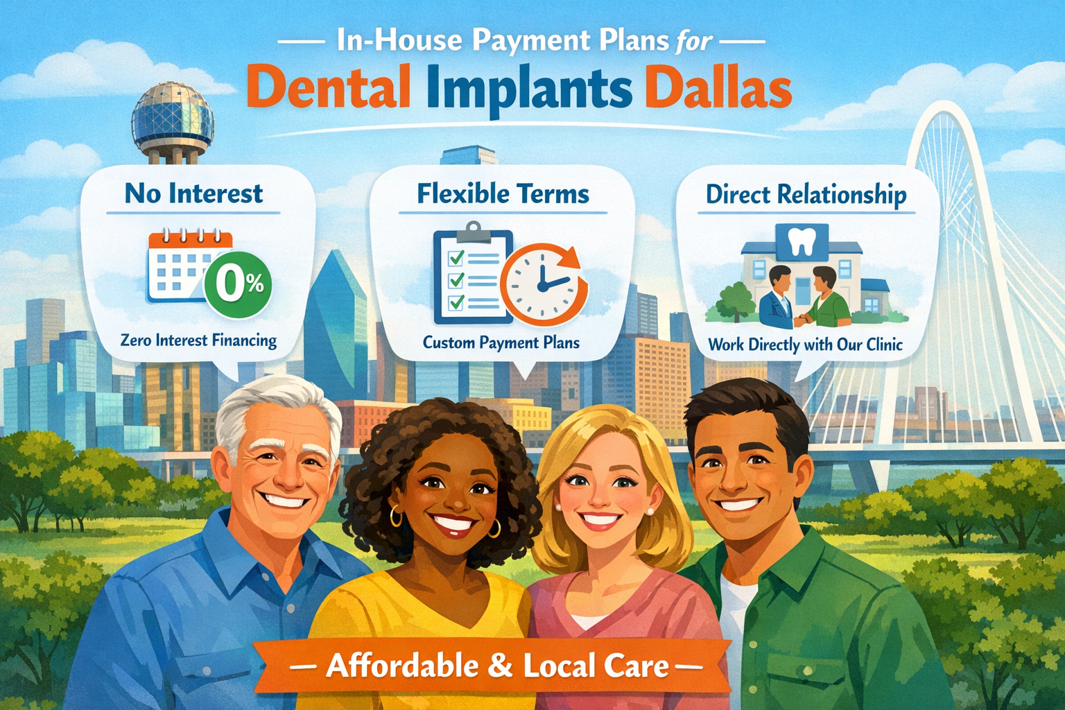 A visually engaging infographic in () illustrating the key features of 'In-House Payment Plans for Dental Implants Dallas'.
