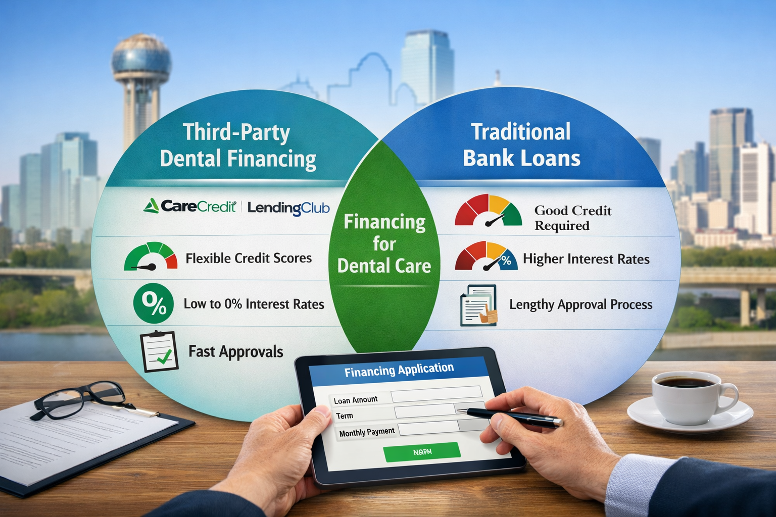 A professional, interest rates, and approval processes are clearly visible. A subtle background element suggests the Dallas