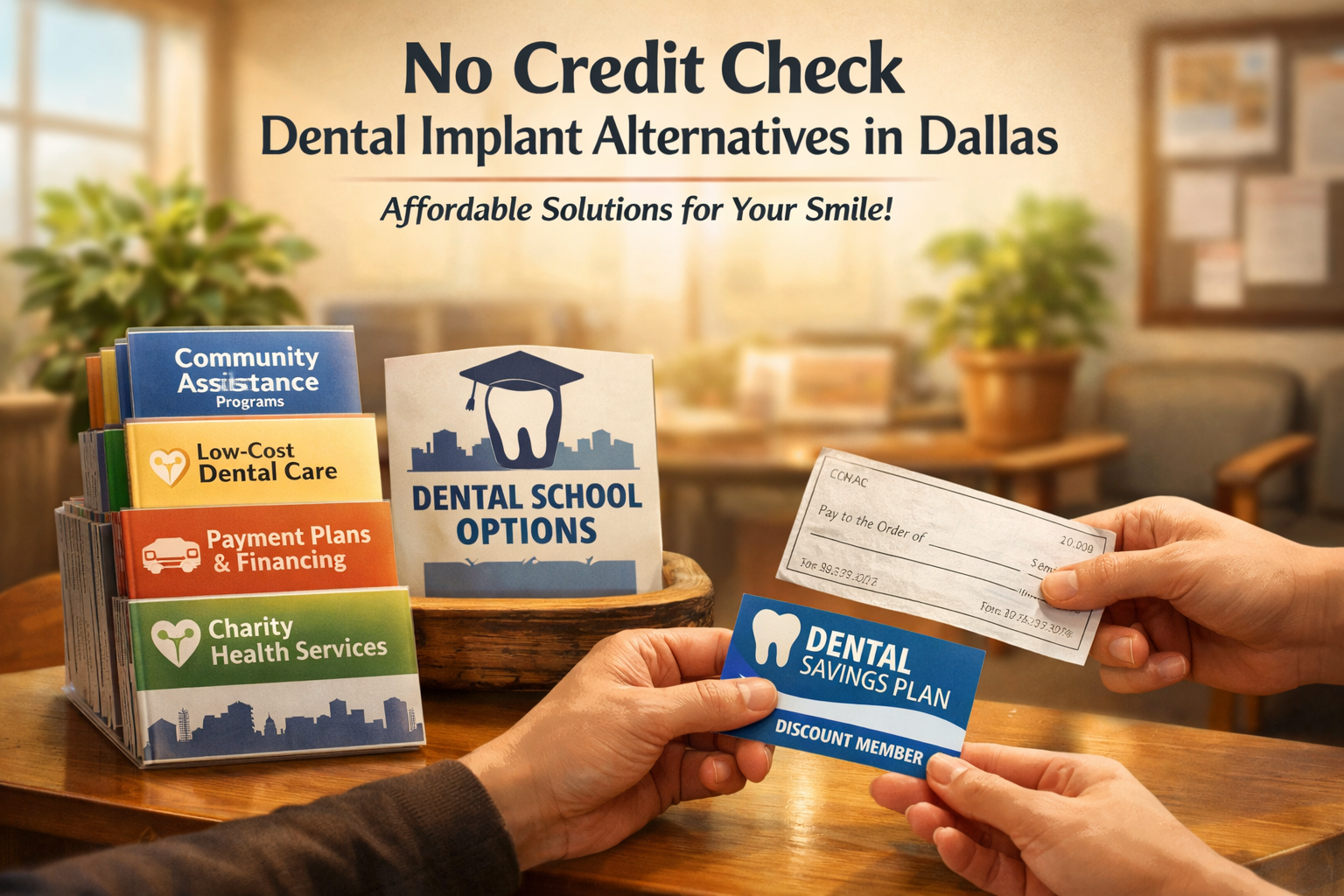 A compassionate and supportive landscape image () focusing on 'No Credit Check Dental Implant Alternatives in Dallas'. The