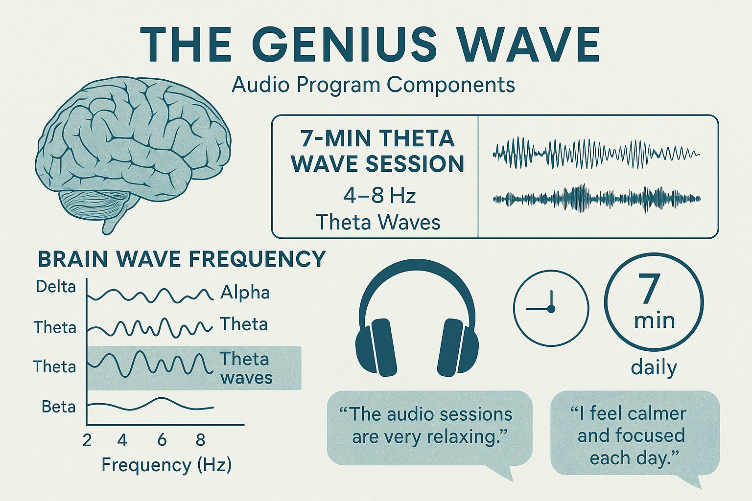 Detailed infographic showing The Genius Wave audio program components with visual breakdown of 7-minute theta wave sessions, brain wave freq