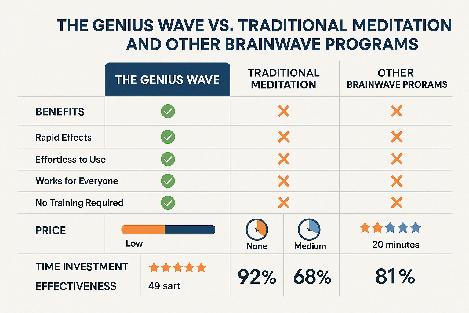 Comprehensive comparison chart displaying The Genius Wave versus traditional meditation and other brainwave programs, featuring side-by-side