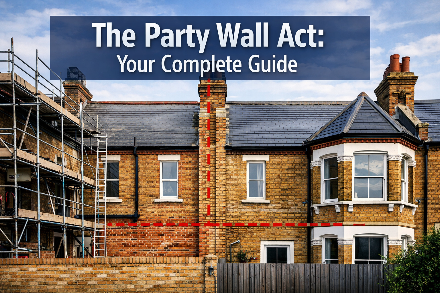 Professional landscape hero image (1536x1024) featuring bold text overlay 'The Party Wall Act: Your Complete Guide' in extra large 72pt whit