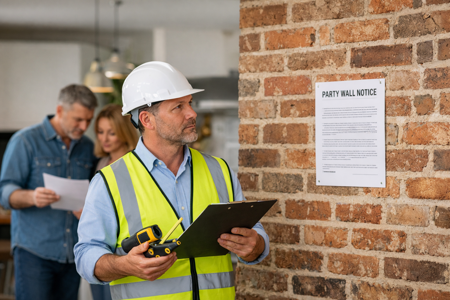 Professional photograph showing party wall surveyor in hard hat and high-visibility vest conducting inspection of shared wall between two pr