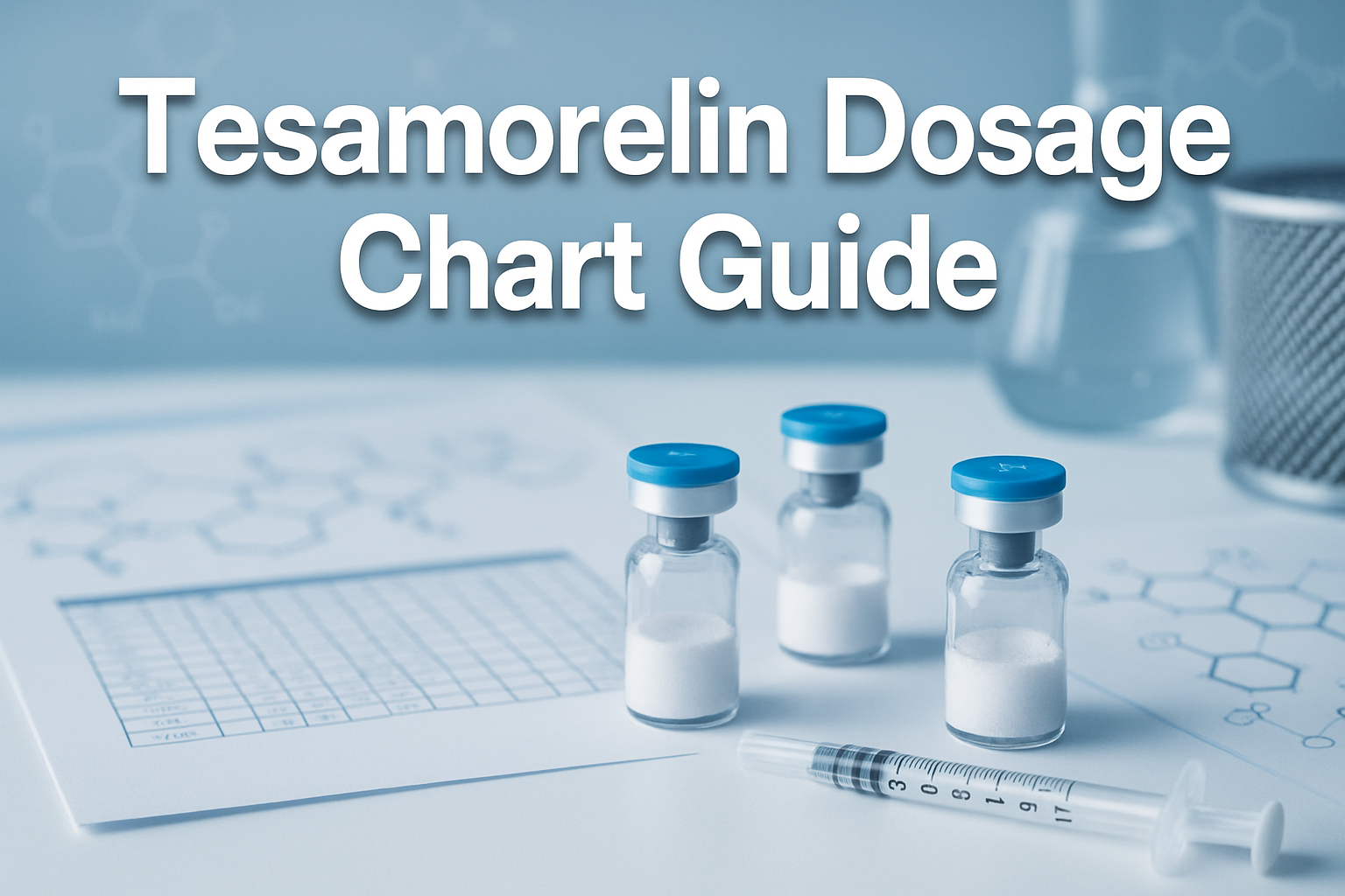 Professional landscape hero image (1536x1024) featuring bold text overlay 'Tesamorelin Dosage Chart Guide' in extra large 72pt white sans-se