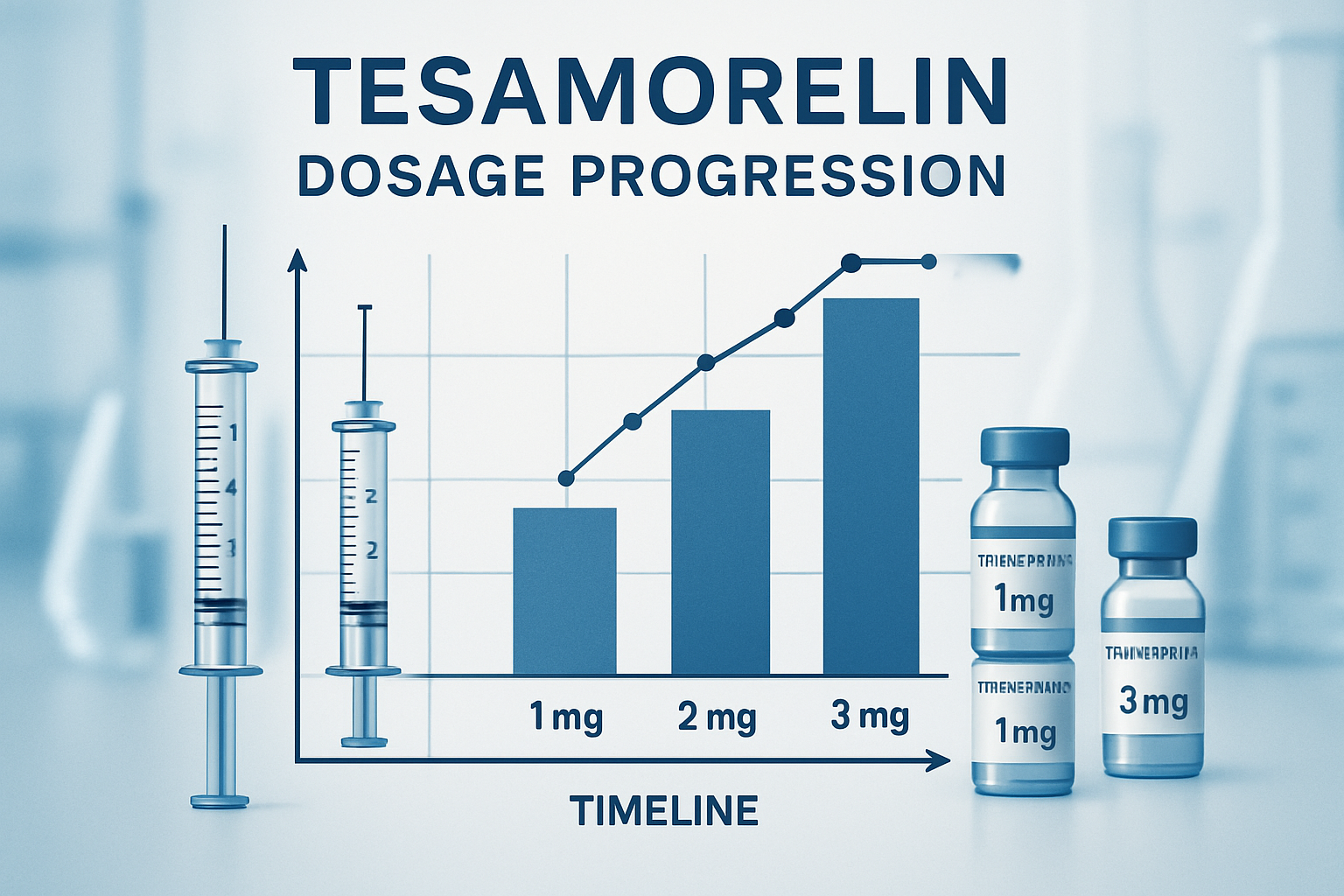 Medical infographic showing tesa dosage progression chart with clean bar graphs displaying different dosage levels (1mg, 2mg, 3mg) ov