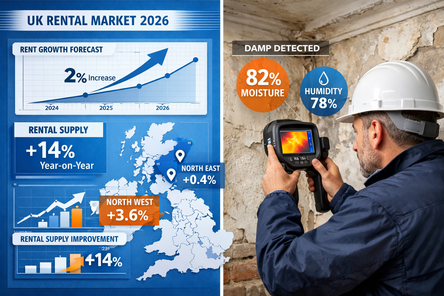 Detailed () editorial image showing split-screen comparison of UK rental market conditions: left side displays modern