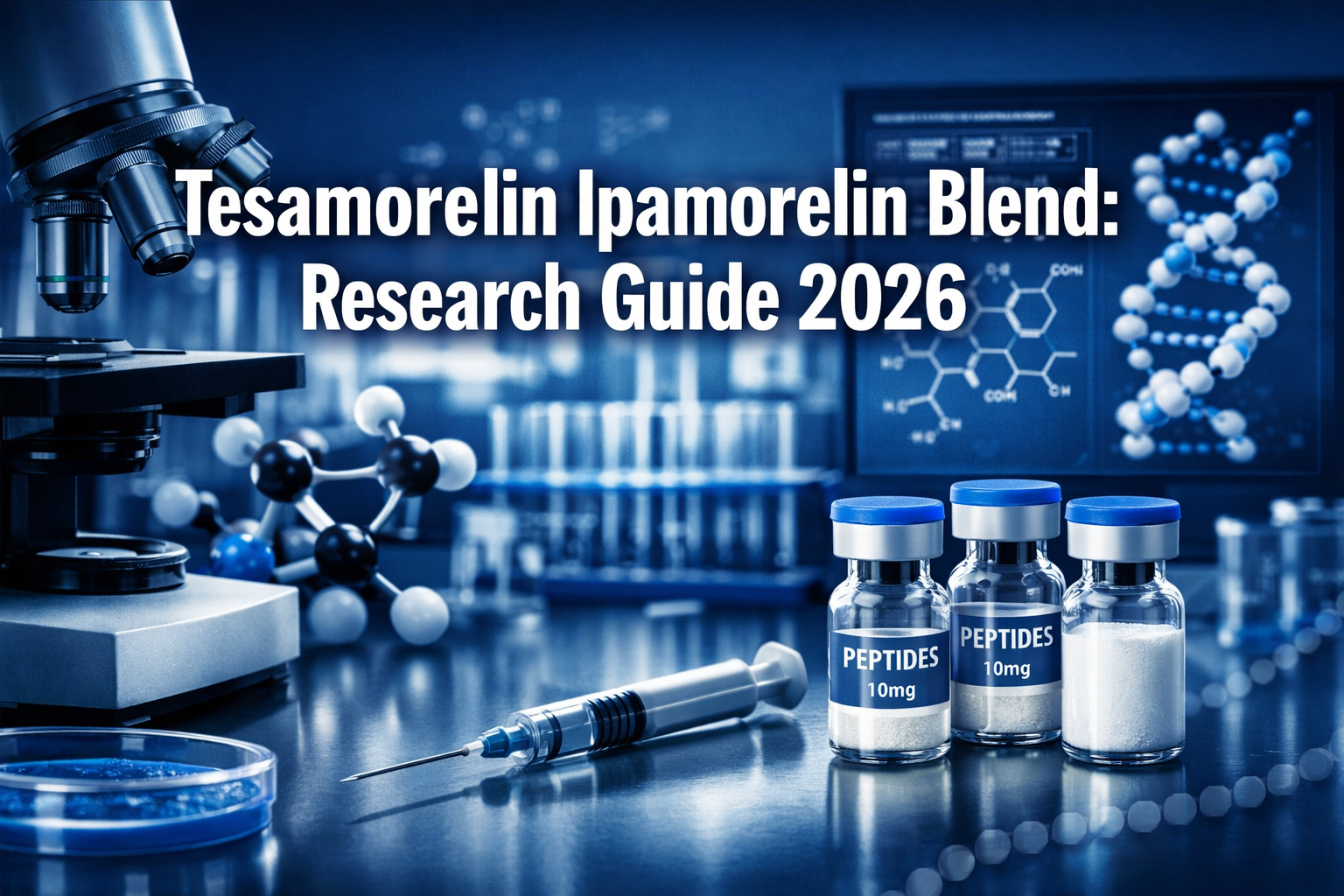 Professional landscape hero image (1536x1024) featuring bold text overlay 'Tesamorelin Ipamorelin Blend: Research Guide 2026' in extra large
