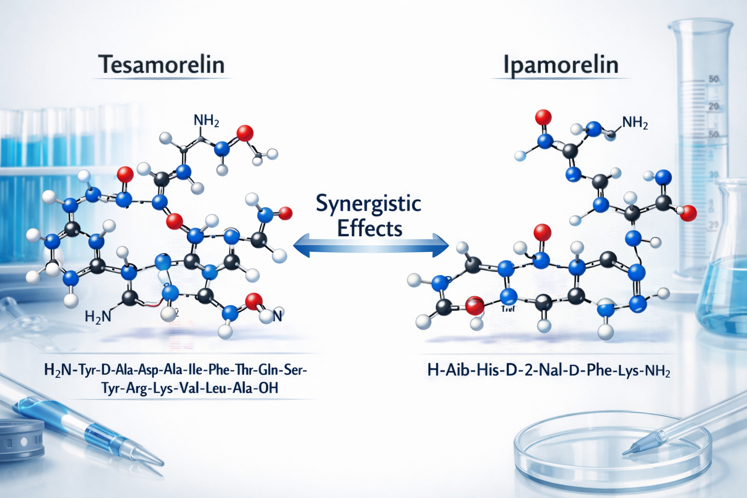 Scientific illustration showing tesa and ipamorelin molecular structures side by side with connecting arrows indicating synergistic e