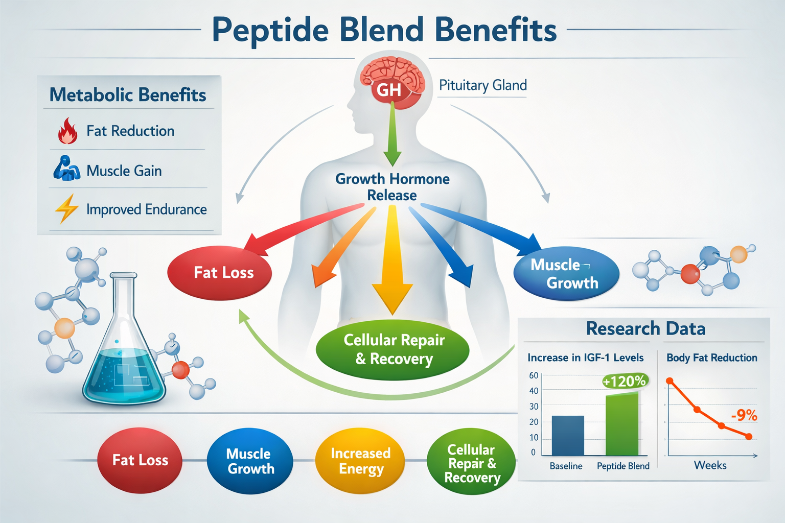 Infographic displaying peptide blend benefits with human silhouette showing growth hormone pathways, colorful arrows indicating metabolic pr