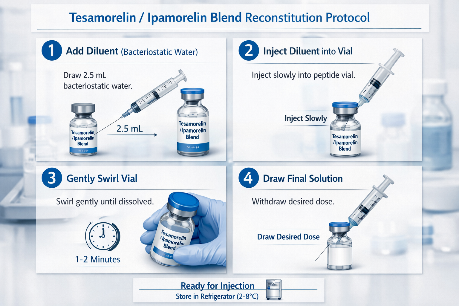 Research protocol flowchart showing reconstitution steps for tesa ipamorelin blend, laboratory equipment including syringes and vials