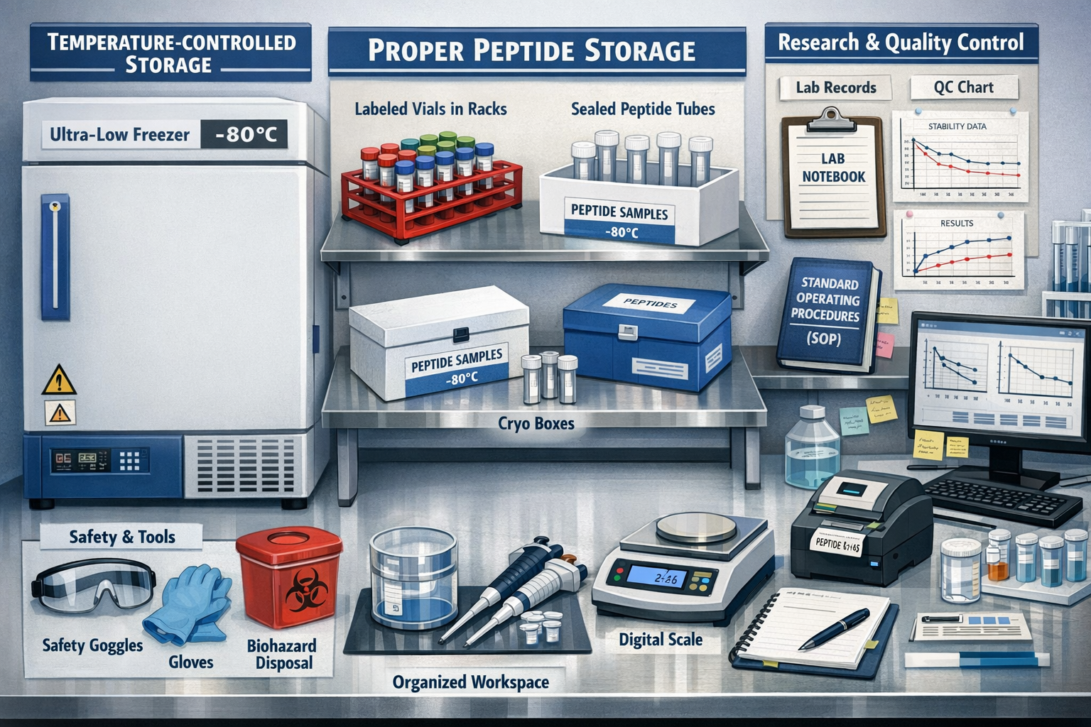 Laboratory safety and storage diagram featuring temperature-controlled environment, proper peptide storage containers, research documentatio