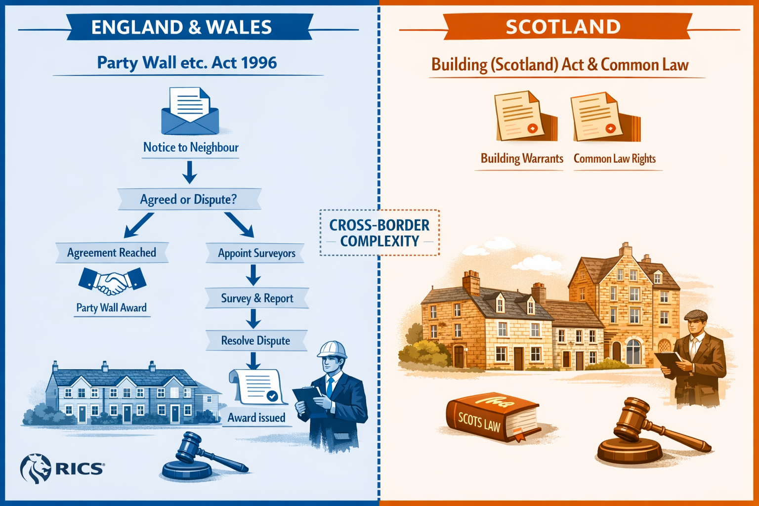 Detailed () image showing side-by-side comparison infographic of party wall regulations across UK borders. Left panel
