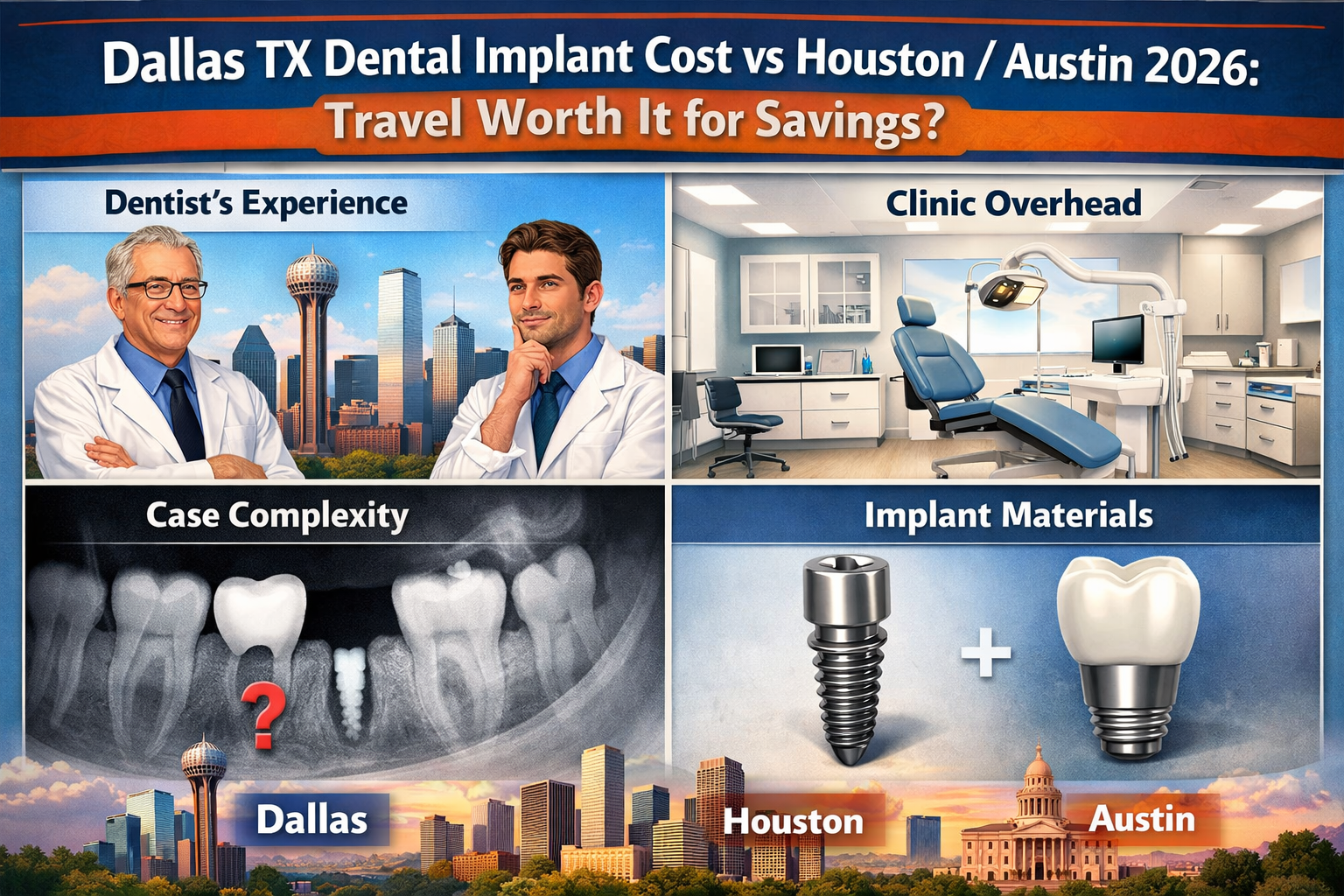 A visual representation of the various factors influencing dental implant costs across different Texas cities, specifically Dallas, Houston,