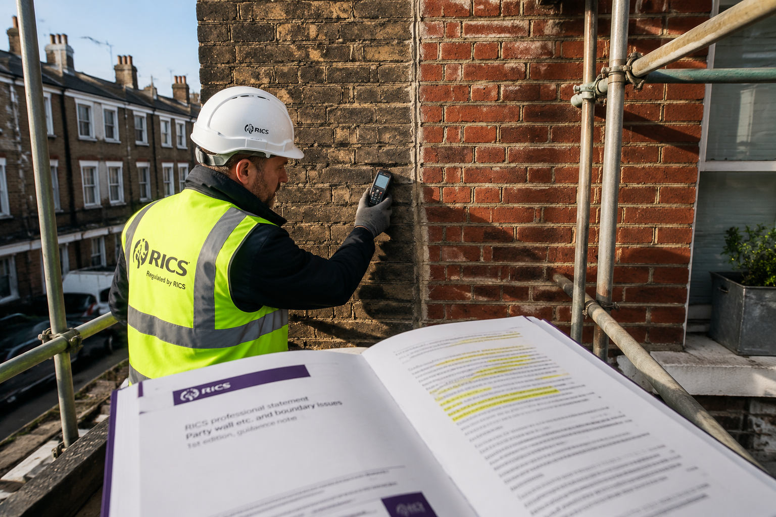 Wide-angle editorial photograph of a RICS-certified surveyor in a hard hat and hi-vis vest examining a shared brick party